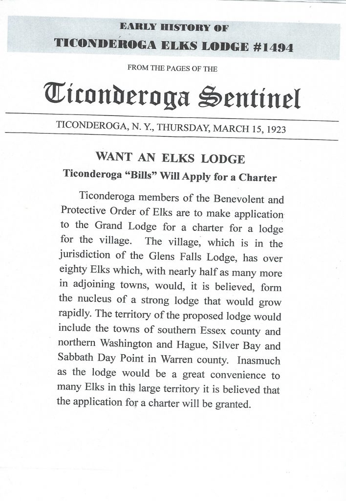 Nearly A Century of Service Ticonderoga Elks Lodge 1494
